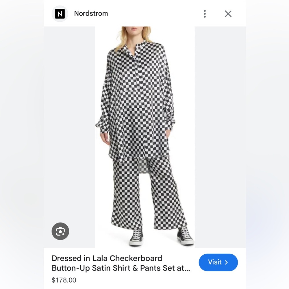 Dressed in Lala Checkerboard Button Up Satin Oversized Shirt and Pants Set - Med